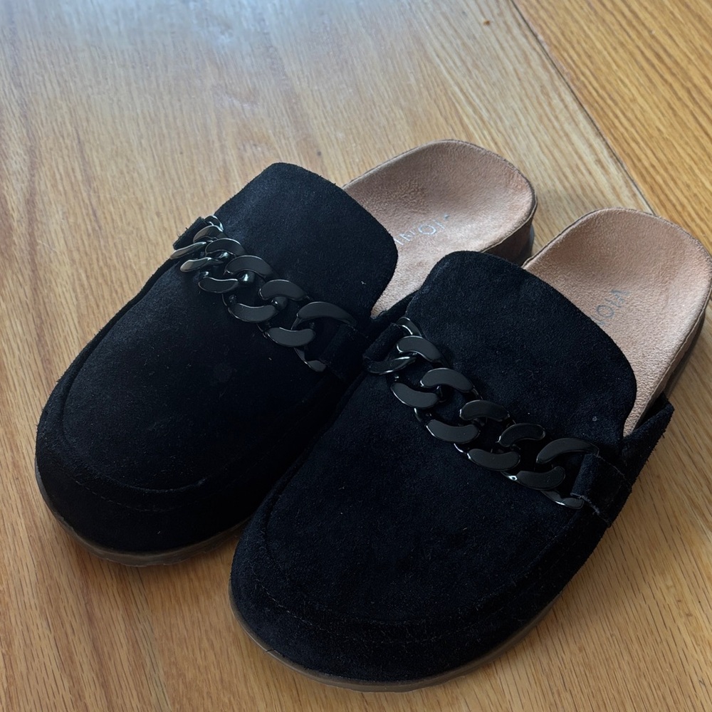 Vionic Georgie Black Suede Slip-On Loafers Mules Womens size 7 38